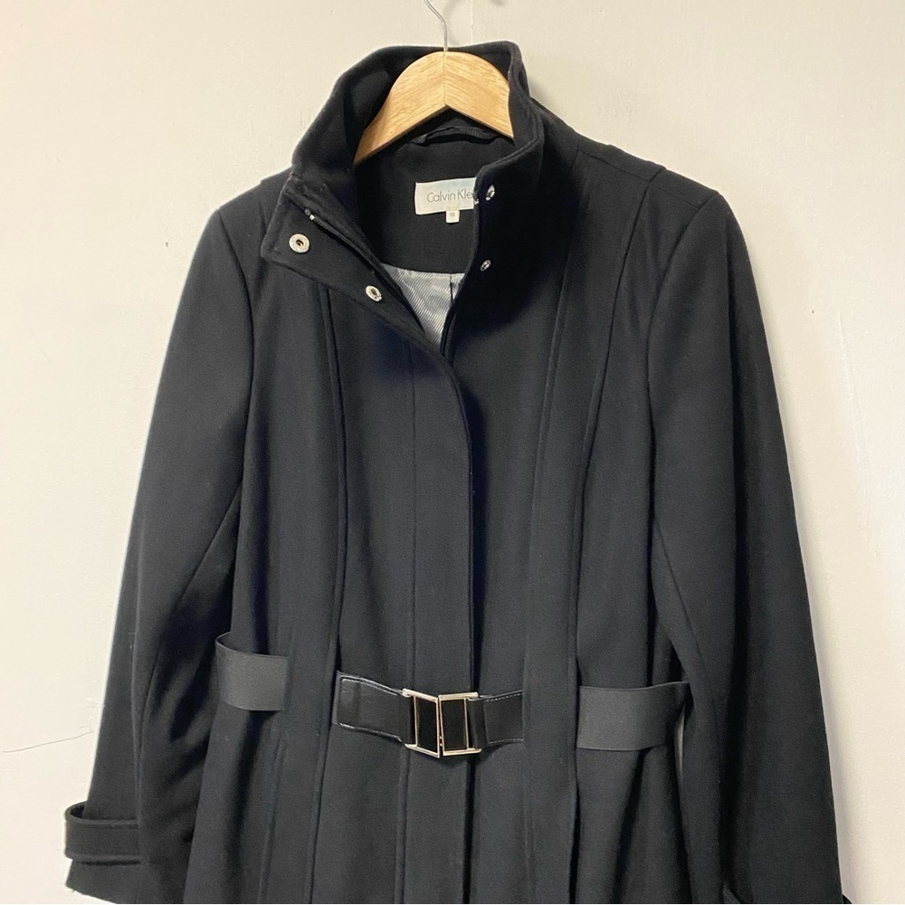 Calvin Klein Black Wool Coat Tailored Midi Trench Old Money Womens 10 Medium - Picture 7 of 14